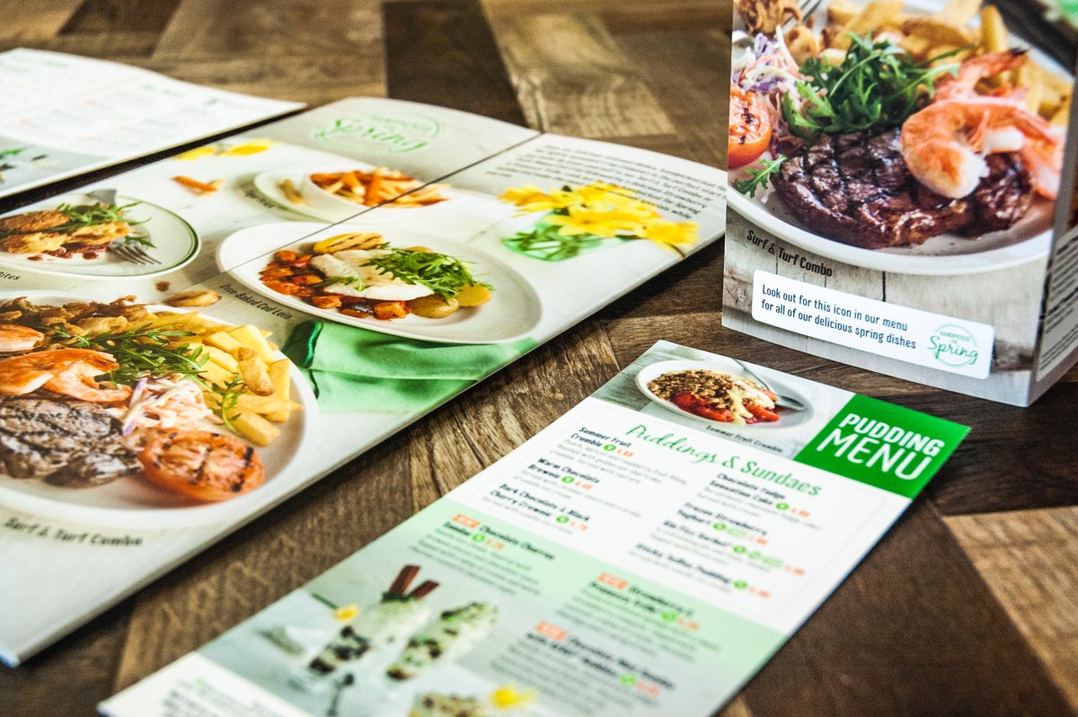 LeapDesign1's tweet photo. It's nice to see the Spring Table Table menu suite in the flesh! We've enjoyed working with the marketing team again at Whitbread to get these together ☺️🥗 https://t.co/33f5lnwXsi