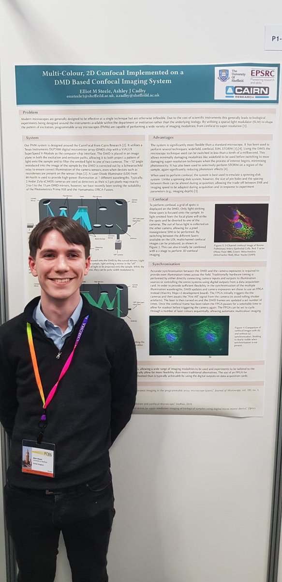 Elliot Steele our @EPSRC CDT student based at @sheffielduni presenting latest developments on his custom Cairn confocal system (The Cairnfocal) at #FOM2019 #doctoraltraining #phdfunding #confocal @FOMconferences