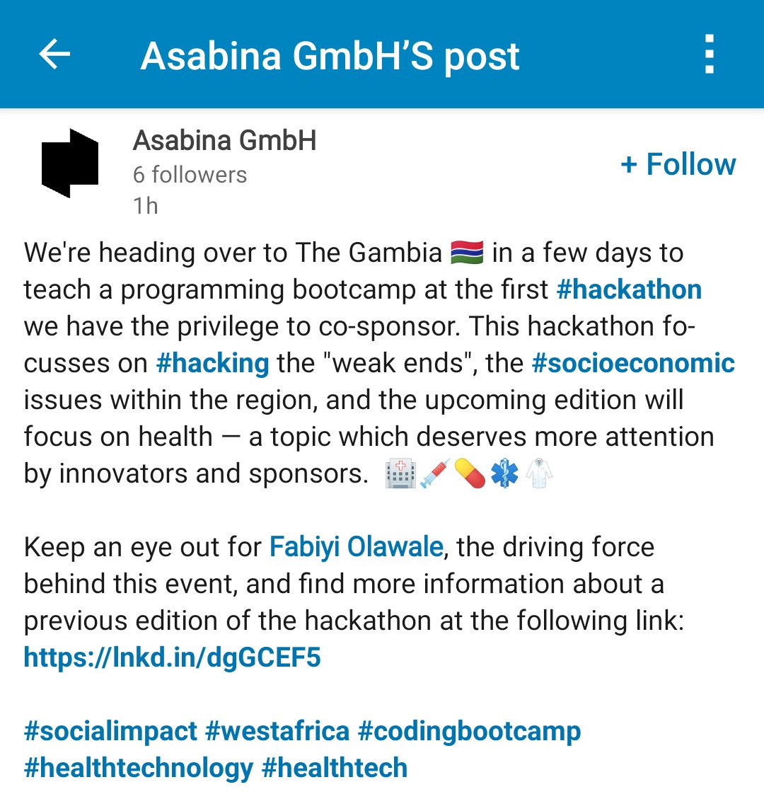 Fabiyi_WaleTaza's tweet image. I'm honored to annouce our technical partnership with #AsabinaGMBH a #German based #tech company. I can confirm that the CEO @vidbina is flying in with Two resource persons to be part of @hackweakend event next weekend.
#techforgood #HealthTech #Socialimpact #Gambia