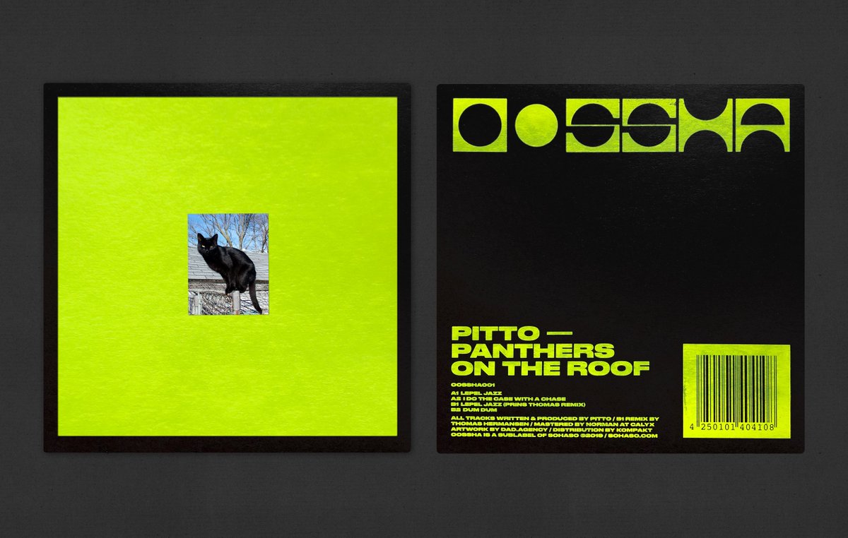 We've been working on the identity &amp; first 2 releases for a new label by @SoHaSomusic called Oossha, and their first release from <a href="/pitto/">Blank</a> comes out this week. Screen-printed record covers in fluro yellow with a full-colour cat sticker