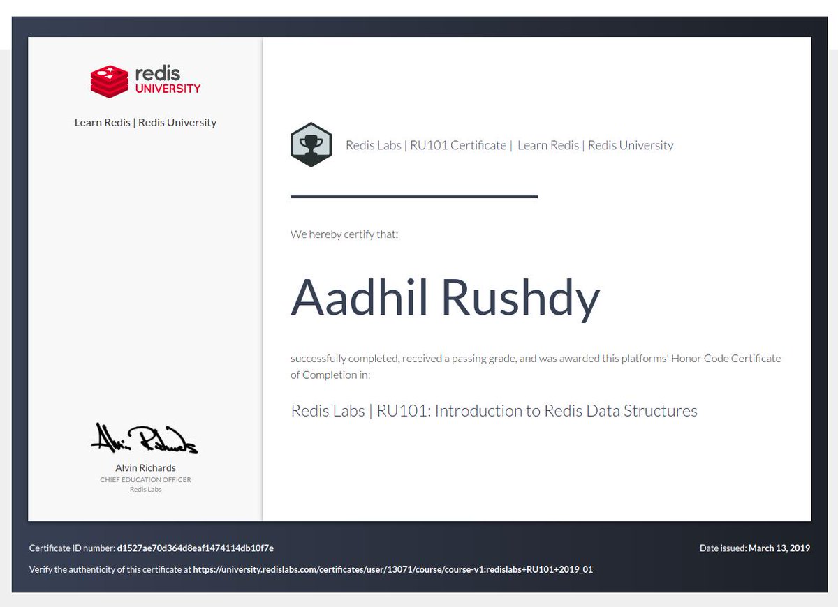 aadhil_rus's tweet photo. Completed Introduction to Redis Data Structures course #RedisU https://t.co/0iyNm6w9Xl