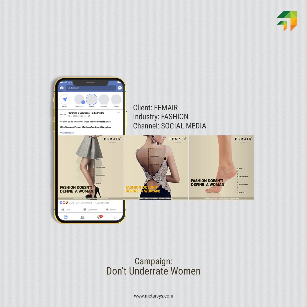 metarays's tweet photo. Campaign:Don't Underrate Women
Client: Femair
Industry: Fashion
Medium: Facebook
https://t.co/H88Er9pdhh
#WorkShowcase #Metarays #MediaConsulting #DigitalMarketing #Bangalore #India https://t.co/xeCs9wyKZs