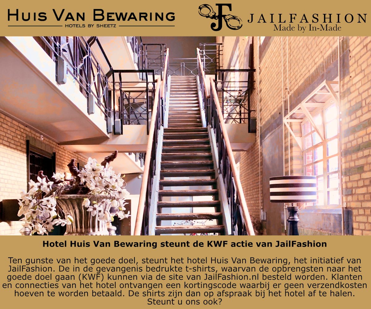 JailFashion's tweet photo. Hotel #HuisVanBewaring steunt onze actie tbv @kwf_nl (#samenloopvoorhoop)
Steun jij ons en het #KWF ook?
Bestel dan een uniek #bajes shirt op https://t.co/tmRktRpBWl https://t.co/IITjWkq0zZ
