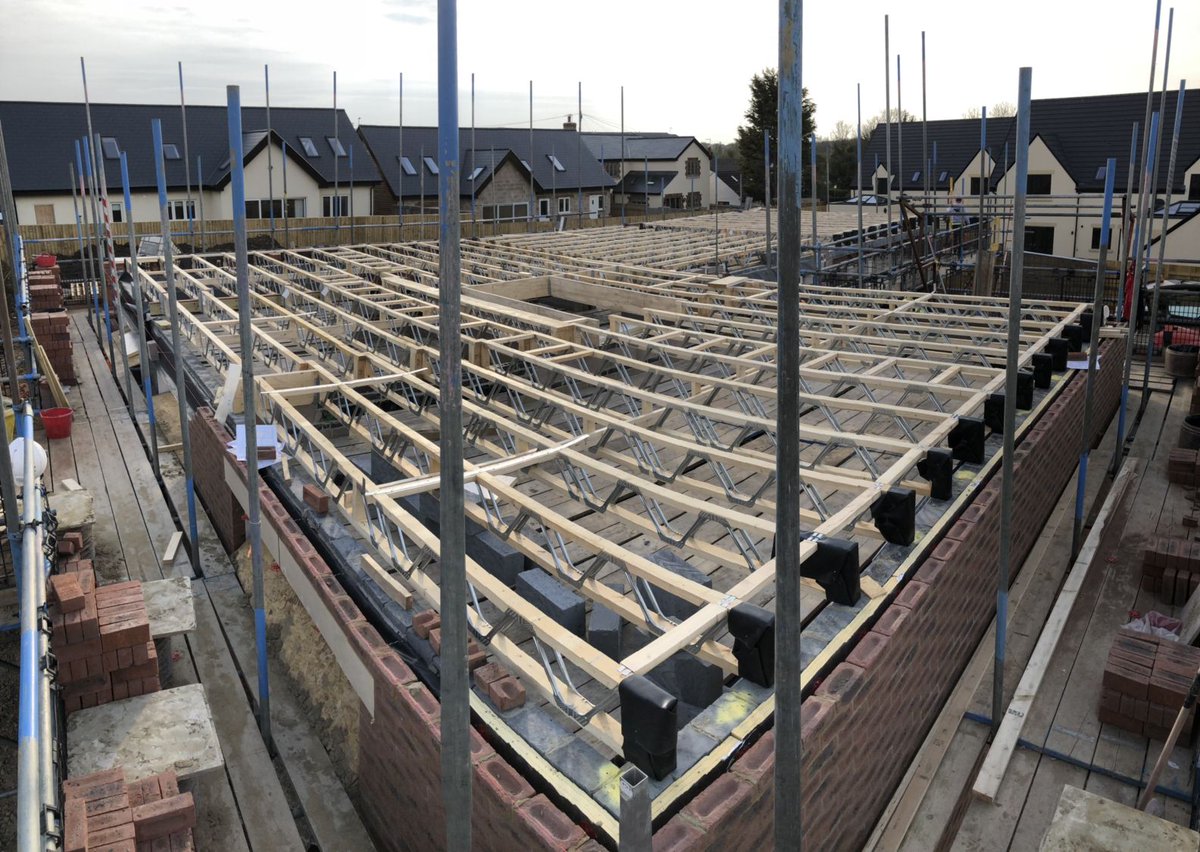 FkCarpentry's tweet photo. Very hard but productive day yesterday. All the floor joists installed ready for chipboard flooring today all at our new site in Swindon. This will be some house when complete #carpentry #posijoists #flooring #newbuildhomes https://t.co/U6BUFbtkzt