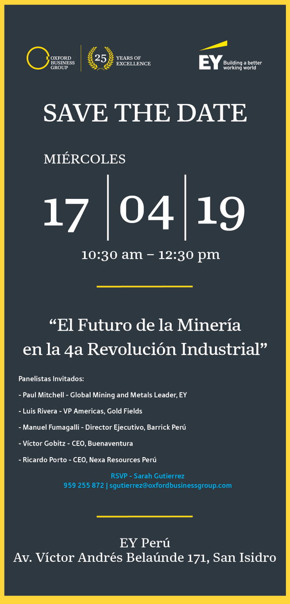 OBGinsights's tweet photo. What is the future of #Peru’s #mining industry? Experts in the sector will gather to talk about the latest on Peru’s mining sector in tomorrow’s #OBGRoundtable. In partnership with @EY. #OBGEvents #DigitalMining @PaulOnMining @GoldFields_LTD @barrickperu @nexa_resources @harryvs https://t.co/NYbppniml6