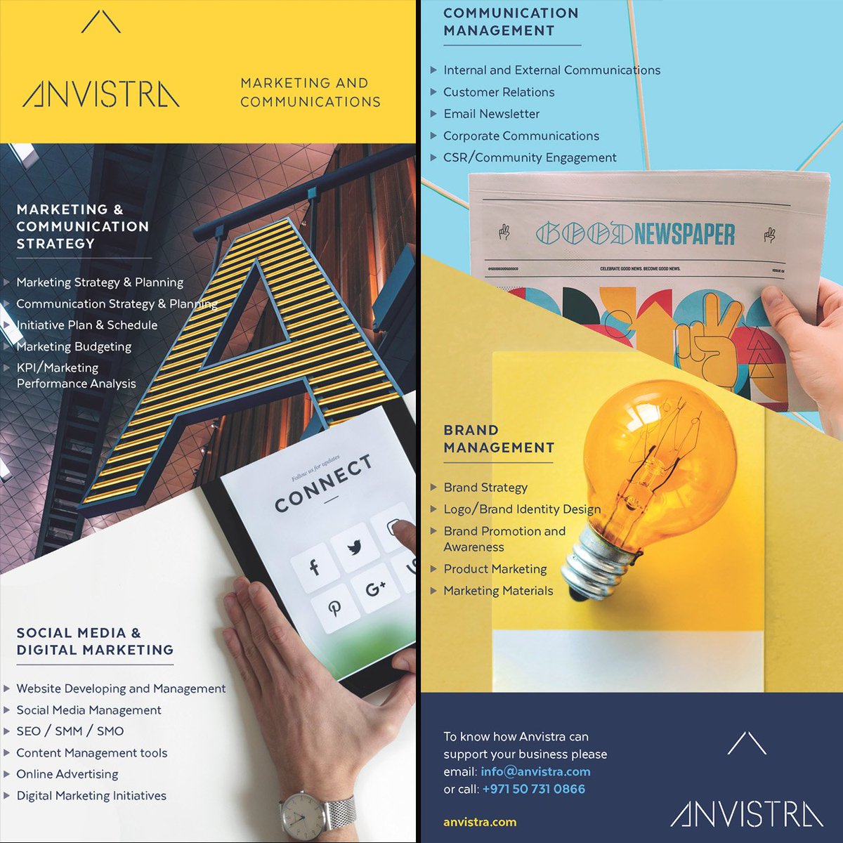 anvistra's tweet photo. Call +971507310866 or email info@anvistra.com
https://t.co/AtDpZg5Dvw
#sales #marketing #products #communication #branding #socialmedia #digitalmarketing #SME #business #marketresearch #Dubai #UAE #SEO #SMO #SMM #Website #Design #Print #Banner #Brochure #Logo #Social #Customer https://t.co/QDTvAoEAF5