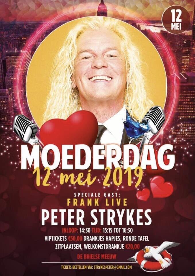 12 Mei Moederdag! Het wordt een heerlijke middag..Speciale gast Frank! Een aantal voor mij nieuwe songs...Er is een pendelgolfkar die u op de drempel van de Brielse Meeuw brengt...Heerlijke hapjes drankjes en vooral sfeer! Kaartjes kunt u bestellen via Strykespeter@gmail.com