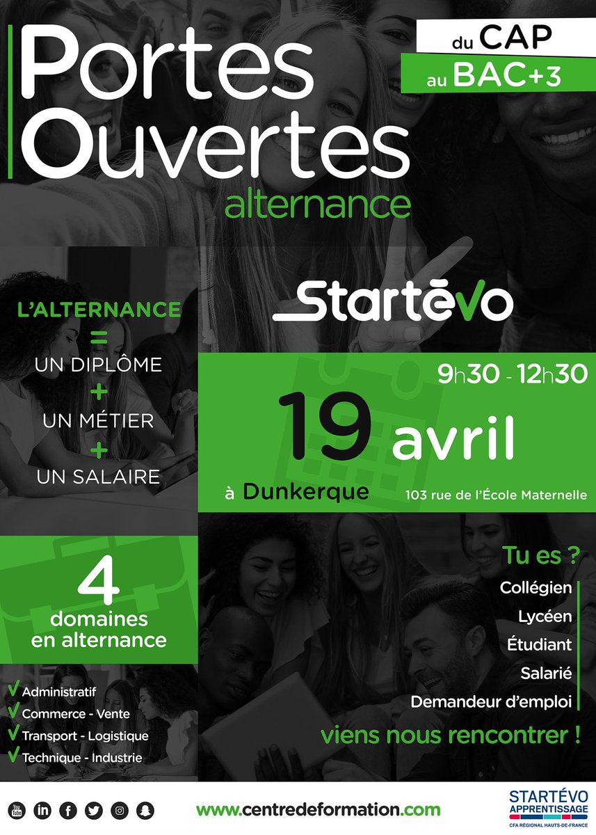 📢 PORTES OUVERTES - Tu cherches une formation ?
Tu souhaites en plus de ta formation, pouvoir obtenir de l'expérience dans ton futur métier ? Et en plus, tu es rémunéré ! 😉
Viens nous rencontrer lors de nos Portes Ouvertes du 19 avril 2019 à Dunkerque de 9h30 à 12h30 !