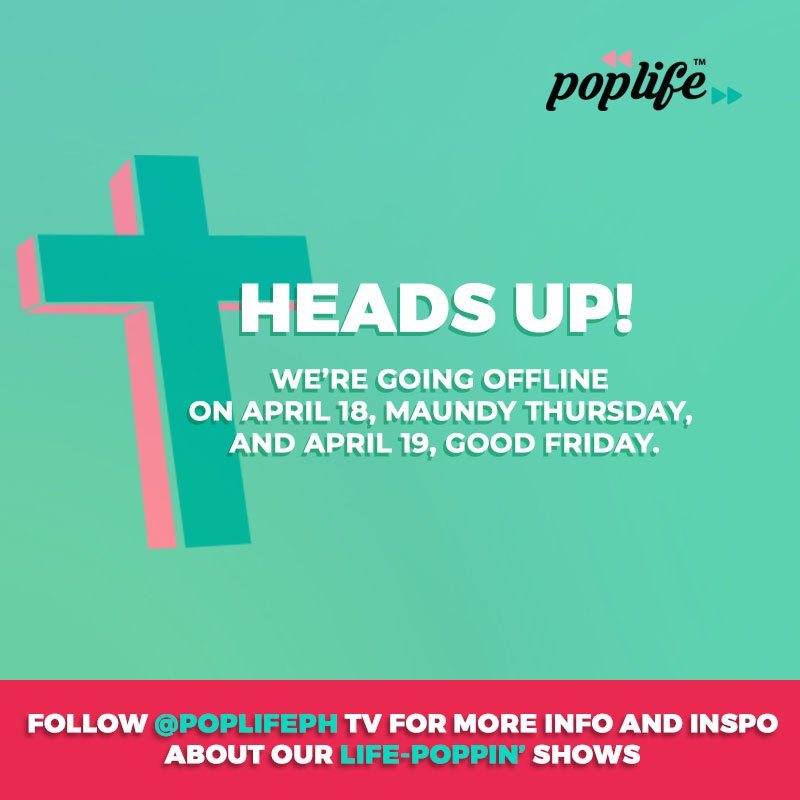 PoplifePH's tweet photo. We’ll take a short break to observe proper Lenten practices during Holy Week. But you can still catch more amazing content as we resume on April 20!

#HolyWeek #Lent #Lenten #Cuaresma #MahalNaAraw #SemanaSanta #goodfriday #life #reflect #God #Lord #Jesus #cross #Easter #church https://t.co/GF7yu1tXIK