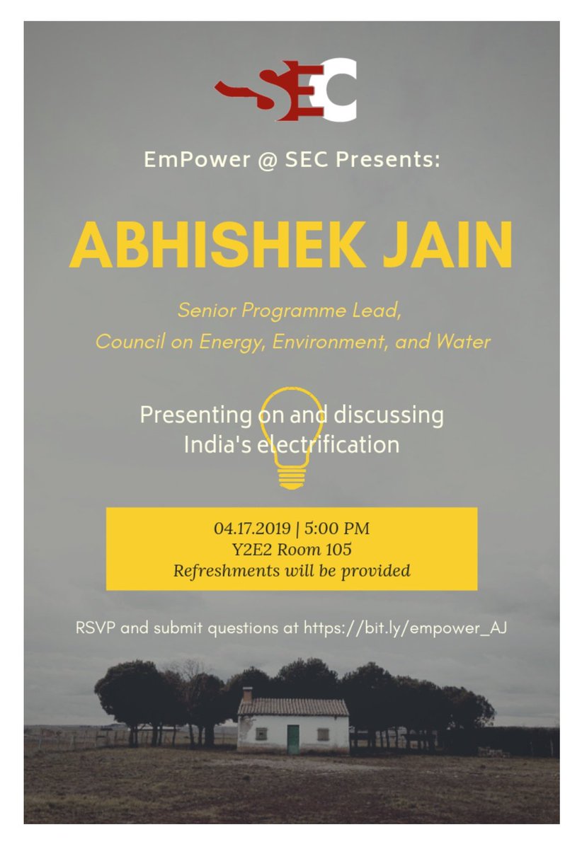 For folks in SF/Stanford, come and join for a discussion on electrification and energy transition in India on Wednesday at 5pm. Super excited to look at the breadth of questions, people have already posed! Add yours here : bit.ly/empower_AJ
<a href="/Stanford/">Stanford University</a> <a href="/StanfordEnergy/">Stanford ENERGY</a>