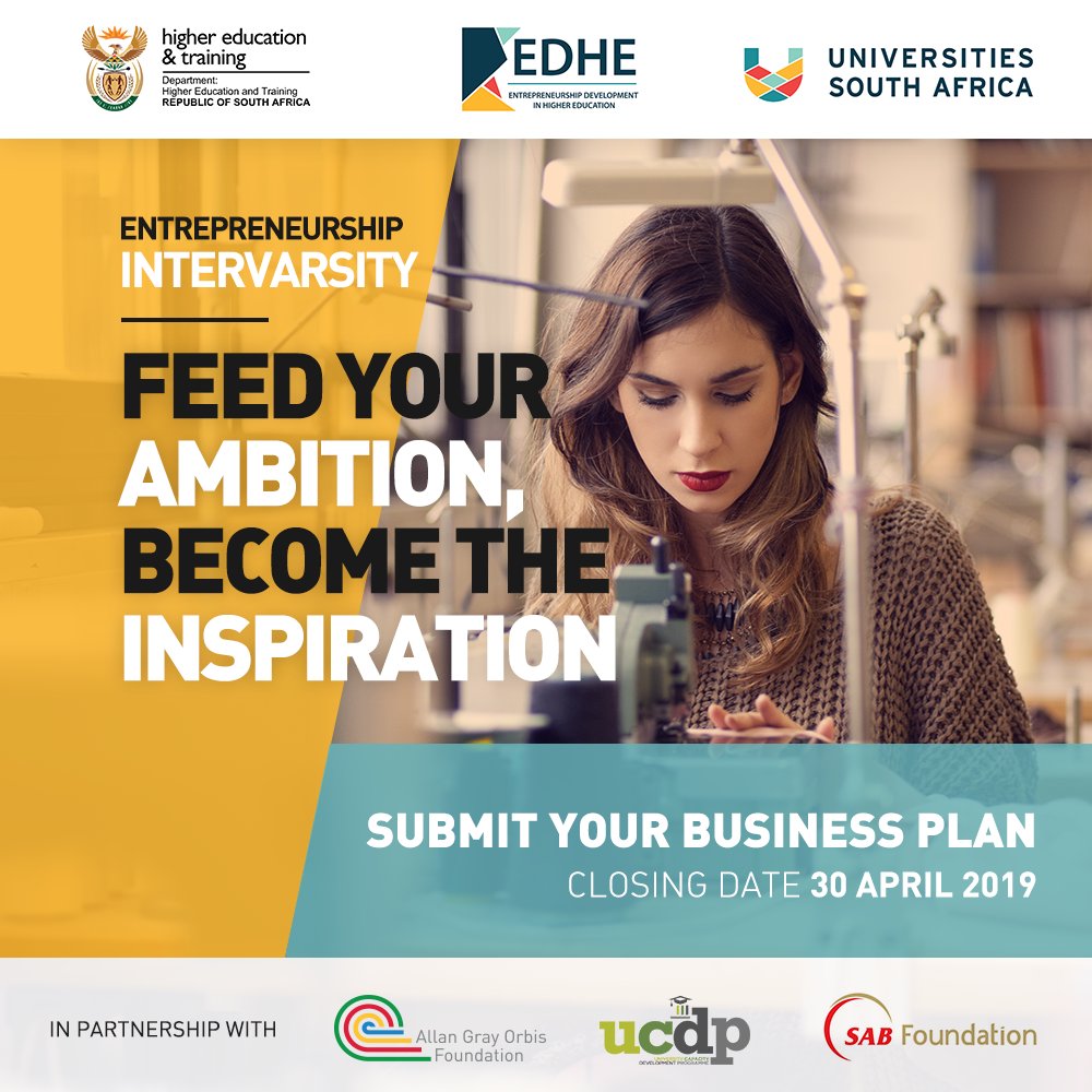 EDHEOffical's tweet photo. Feed your ambition and enter the Entrepreneurship Intervarsity. Visit https://t.co/l6FEuDpEG0 to submit your entry. Closing date 30 April 2019. #EDHEintervarsity #Studentpreneurs @HigherEduGovZA @USAf_ORG @AllanGrayOrbis https://t.co/jvhEtVO4B3