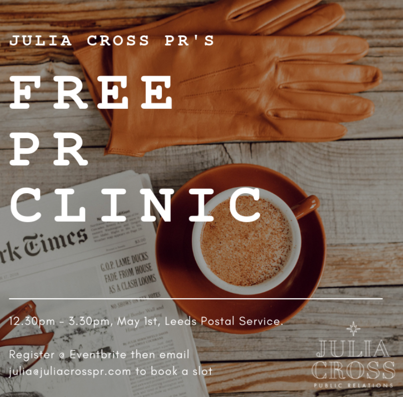JulesKCross's tweet photo. There are still a couple of slots available on my free #PR clinic in #Leeds. Book a slot and bring your questions, no obligation! https://t.co/fmAriHFpzm #businessadvice #TuesdayThoughts https://t.co/DvczHQL6af