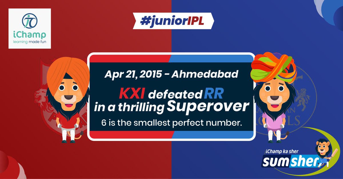 ichamp_in's tweet photo. #DidYouKnow that KXIP and RR have played each other 17 times. #Sumshersays that a super over is an extra over added to the match once the match is tied and both teams get to play 6 balls.
#IPL2019 #juniorIPL #ichamp #Maths #CricketMaths #sumsher https://t.co/HM2cMK87Q0