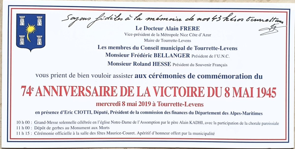 #Commémorations de la #victoire du #08mai 1945 avec le SF de <a href="/TourretteLevens/">TourretteLevens</a> 💛💙
#Mercredi #08mai 11h00 au #MonumentAuxMorts 👨‍🏫
@UnefNice06 @UNI_Nice <a href="/La_FAGE/">FAGE</a> <a href="/Radio1077/">Radio VINCI Autoroutes</a> #Monument #Parents #enfants 👩‍🏫 #flambeau 🕯 #devoirdememoire #fidelite 🇨🇵 #histoire #aperitif 🥂
<a href="/SF_Siege/">Le Souvenir Français</a>