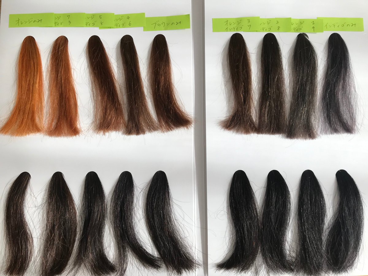 Henna 5 0 Henna 5 0 ヘナ50 のカラーチャート作りしています 上は白髪100 下は白髪30 です ヘナ オレンジ とナンバンアイ葉 インディゴ を混ぜて色を調整しています