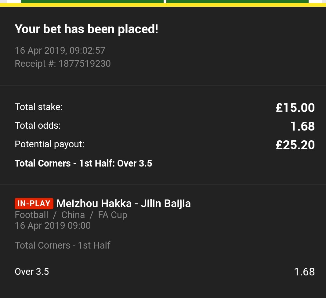 TCSTips's tweet image. ⏱️#INPLAY 
⚽ Meizhou Hakka v Jillin Baijia
🇨🇳 CHINA: FA Cup
➡️ TIP: Over 3.5 First Half Corners
📊 STAKE: 3points
📈 ODDS: 1.680 (Unibet)