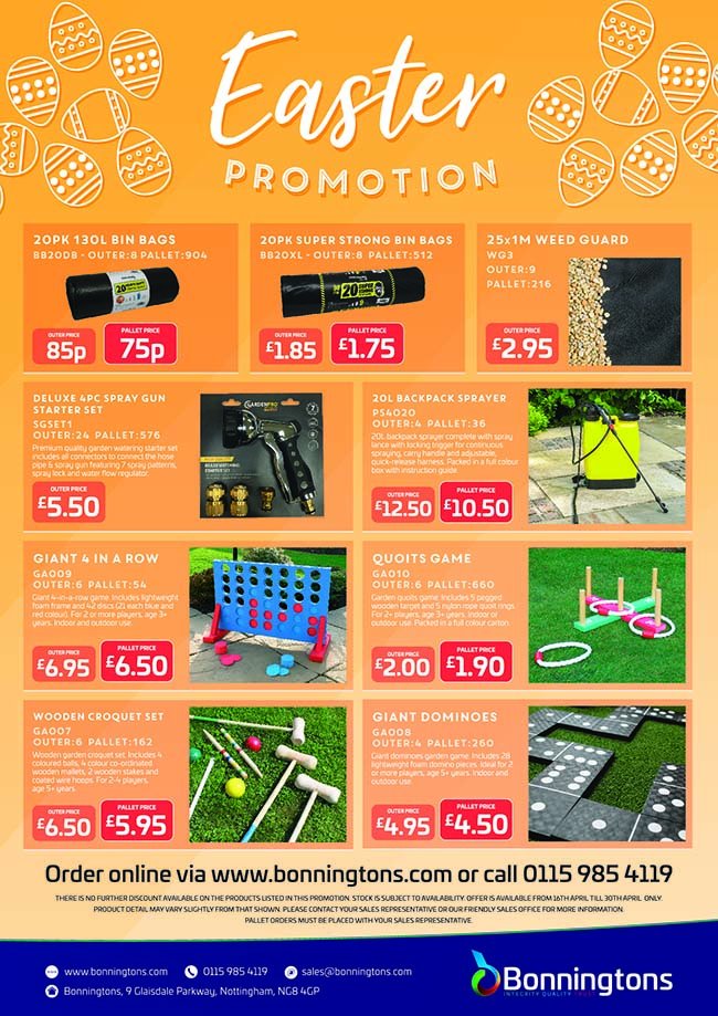TeamBonningtons's tweet image. Easter Promotion is now live!  Includes pallet deals on outdoor games.  View PDF here bit.ly/2V8TEDj
