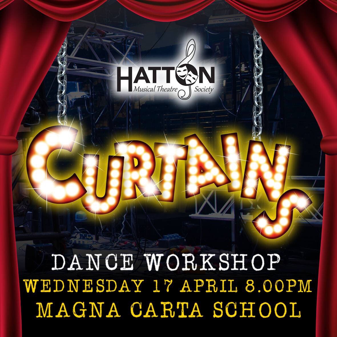 HattonMusical's tweet image. Don't miss our Curtains Dance Workshop this Wednesday evening. 

Looking forward to seeing you at Magna Carta School at 8.00pm! 

If you are interested in auditioning for this show, or want to find out more information, please contact Hatton Musical Theatre.