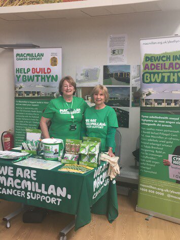 PontyclunG's tweet photo. Two of our lovely volunteers today in Royal Glamorgan Hospital talking to people about the new Y Bwthyn and  fundraising for #Macmillan Cancer Support.
We will be there up to Thursday this week.  Come and say hello if you are passing by. https://t.co/pa13PNjm4S