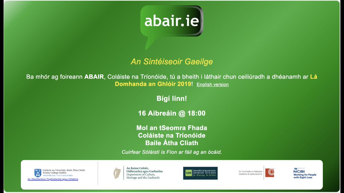 Beidh ceiliúradh inniu ar Lá Domhanda an Ghlóir agus taispeántas ag abair.ie in <a href="/TLRHub/">Trinity Long Room Hub</a> ag 6pm in Ollscoil na Tríonóide <a href="/tcddublin/">Trinity College Dublin</a>.

An mbeidh tú ann? #ABAIRstadIE #Gaeilge #Fáilte roimh chách

#LáDomhandaAnGhlóir #BaileÁthaCliath #AnSintéiseoirGaeilge