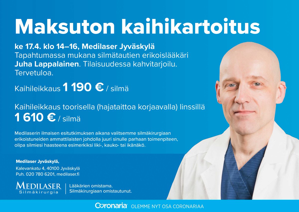 MedilaserOy's tweet photo. Huomenna keskiviikkona 17.4. Jyväskylän Medilaserissa pidetään maksuton kaihikartoitus klo 14-16. Tilaisuudessa kahvitarjoilu. Tervetuloa!

#kaihi #kaihikartoitus #silmätaudit #medilaser #lääkärienomistama #maksutonkaihikartoitus #silmäkirurgiaanomistautunut #kaihileikkaus https://t.co/aPQwR8DZ6R
