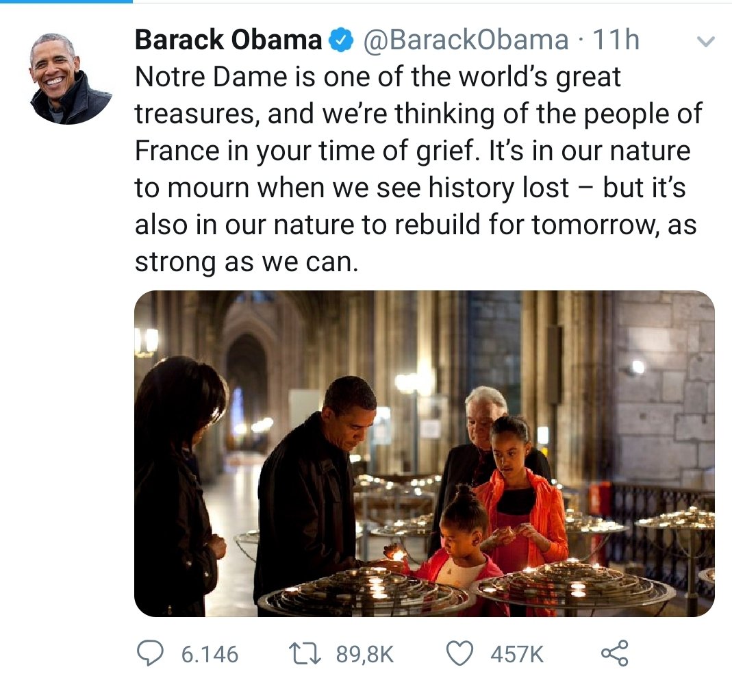 pietroraffa's tweet photo. Confrontare il tweet di #Obama su #Notre_Dame_de_Paris con quello di #Trump dà l'idea della differenza tra i due Presidenti, tra i due uomini.

Abissale.

Ci manchi, Barack https://t.co/2W7S0w2Dbb