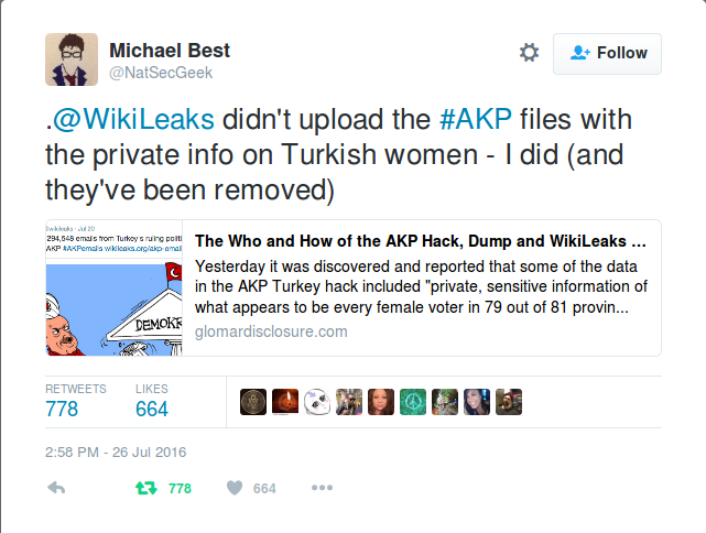 BellaMagnani's tweet photo. @LeeRamBot @caitoz #WikiLeaks published the #AKPemails while a US-backed coup attempt was going on in #Turkey but did NOT publish the 'women's private info'. That was published by @Natsecgeek, who fessed up. #NoExtradition #Assange https://t.co/rKDNUhbVfx