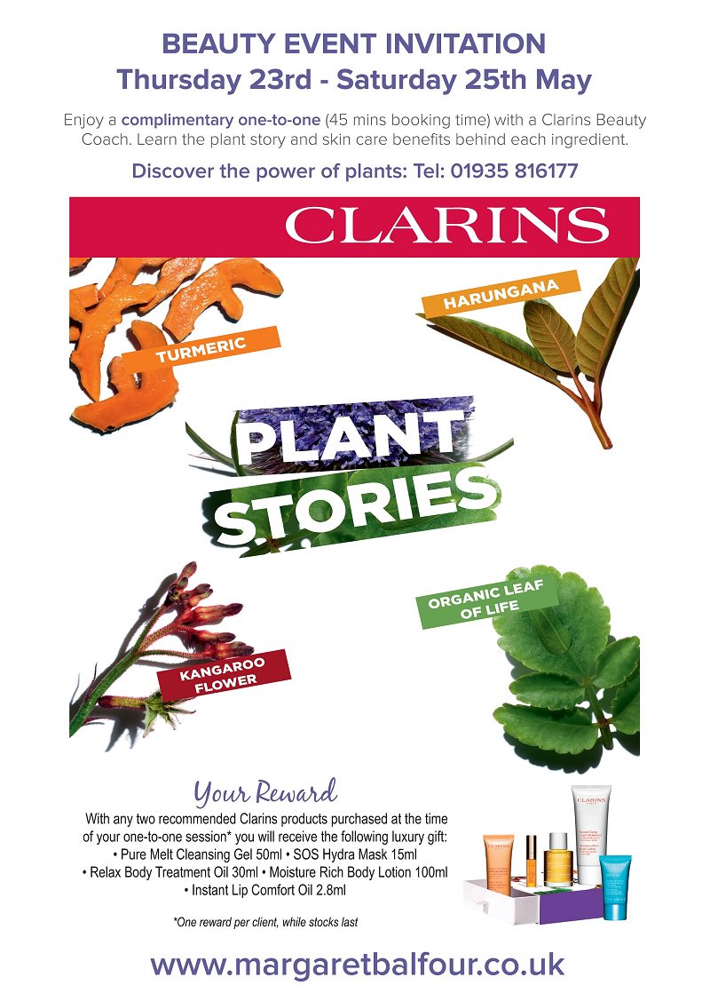 Don't miss your COMPLIMENTARY one-to-one with a #Clarins Beauty Coach (45min booking) between 23-25 May. Discover plant stories and all about #Clarins skin care ingredients. Book now, limited places, call 01935 816177