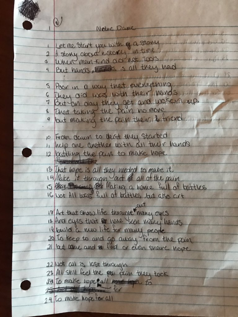 MrsKitchel's tweet photo. Poetry with current events. This student wrote about Notre Dame in an inspiring way. #learnatrhs #poetry #NotreDameCathedral #learnatrcs https://t.co/PUU16lcBXW