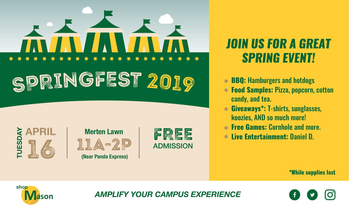 SPRINGFEST IS FINALLY HERE! 😁💚💛Join #shopMason for free food, giveaways, games, and entertainment today at Merten Hall Lawn from 11a-2p!