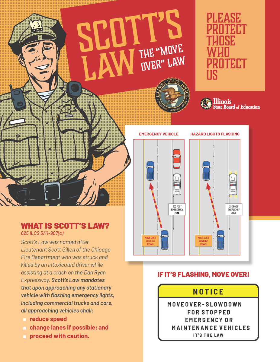 Flyer describing Scott's Law, the "Move Over" Law, which mandates that upon approaching any stationary vehicle with flashing emergency lights, including commercial trucks and cars, all approaching vehicles shall reduce speed, change lanes if possible, and proceed with caution.