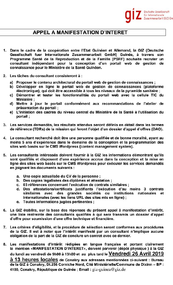 Appel à manifestation - La <a href="/giz_gmbh/">GIZ</a> recrute un consultant en développement Web👩‍💻👨‍💻!

📋Profil recherché :
-Développeur site Web 
-5 ans d'expérience
-Connaissance basée sur le CMS WordPress. 

Vous souhaitez postuler? Plus d'infos ⬇️⬇️
Date de clôture: 26 avil!
#kibaro #Guinée
