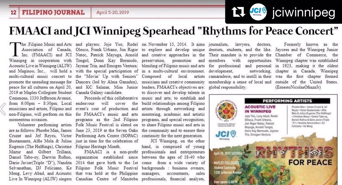 RT 🕊In conjunction with the @JCInews #peaceispossible campaign @jciwinnipeg members are collaborating with other public and private sectors and local media partners on Ryhtm for Peace concert, a multi-cultural concert of Peace and Reconciliation
#wpg #jcicanada <a href="/Act_4_Peace/">Peace is Possible</a> ☮️