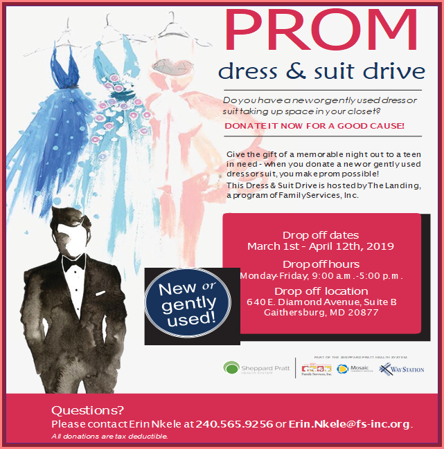 mcps_osfse's tweet photo. Do you have a formal dress or suit hanging in the back of your closet? Consider donating it to The Landing's 5th annual Prom Showroom event on 4/27. They're looking for new &amp; gently worn formal dresses, suits, shoes &amp; accessories. Let's make some dreams come true! @FamilyServInc https://t.co/kWNbOv3iyn