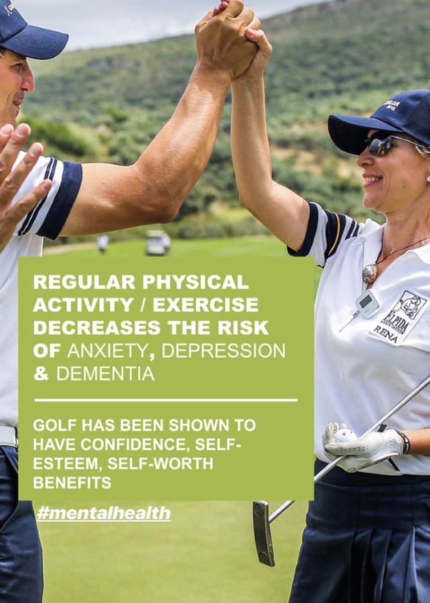 Etpi's tweet photo. Regular physical activity / exercise has been shown to ⬇️ the risk of:
Anxiety ❌
Depression ❌
Dementia ❌

Golf has been shown to improve ⬆️ Confidence ✅
Self esteem ✅
Self worth ✅

#GolfHealthWeek https://t.co/GyONaGWeJu