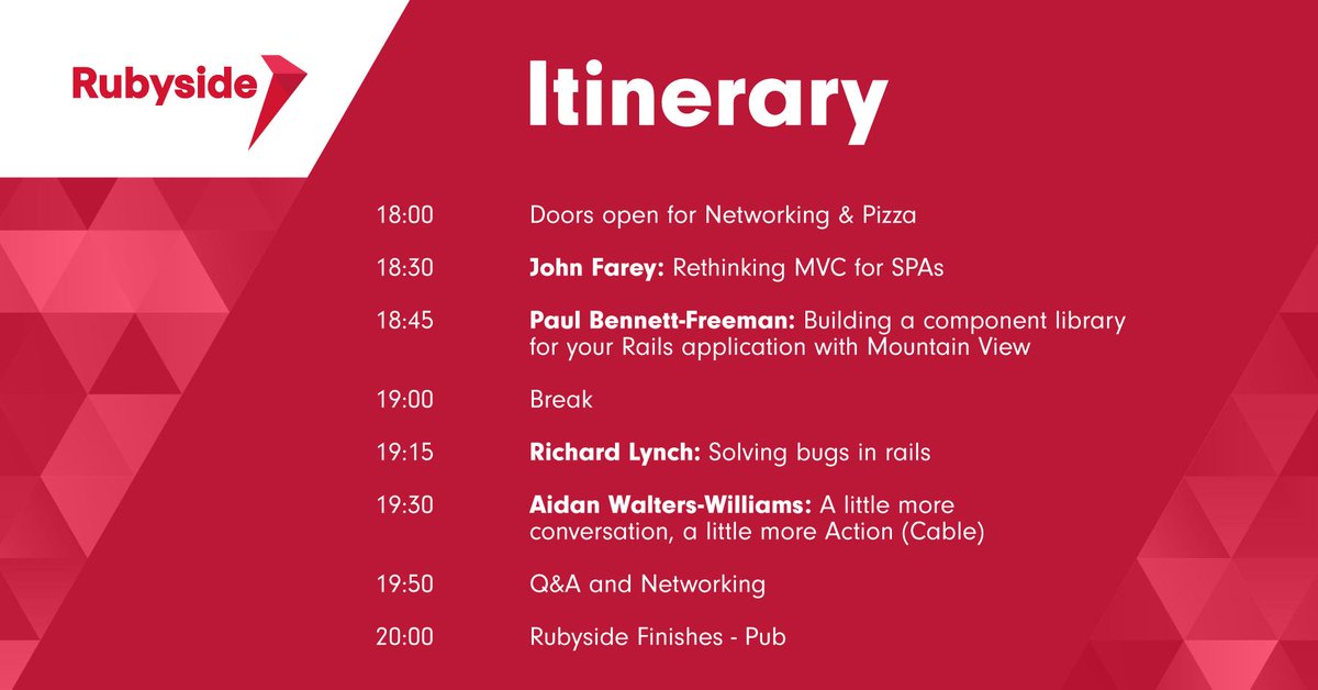 yozu_uk's tweet image. Rubyside starts at 18:00 tomorrow. Here is your itinerary for the evening. 

Arrive in good time for networking, pizza, beer and the best seats in the house.💺

Don't miss out! Register now: 🎟 meetu.ps/e/GvbH7/GYMfS/f

#DEVcommunity #RubyOnRails #RubyEvents #LivTechEvents