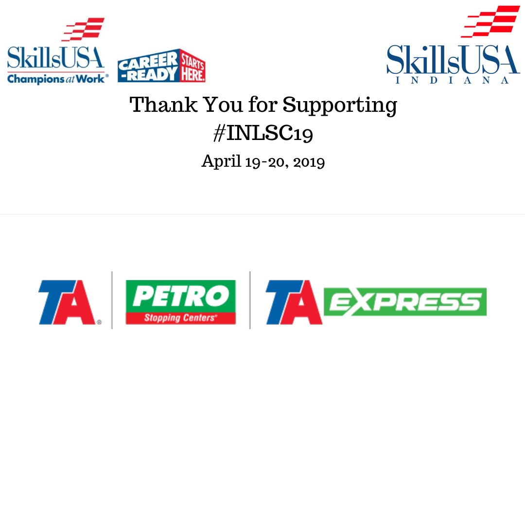 Thank you <a href="/TATravelCenters/">TravelCenters of America</a> for partnering with us for this year’s state conference! <a href="/TATravelCenters/">TravelCenters of America</a> 

#skillsusa #INLSC19 #Indiana #Hoosier #skillsusa #skillsusaindiana #cte #youth #students #championsatwork  #INLSC19 #votechworks