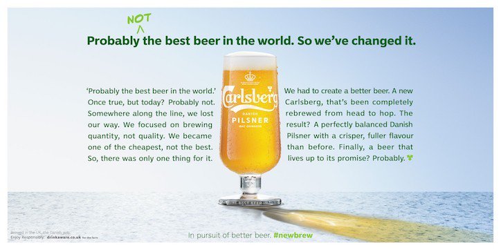 ✅ Accept faults 
✅ Amplify negative opinions
✅ Redeem yourself

A great example of modern day #advertising from ‘probably not the best beer in the world’, @Carlsberg ow.ly/x9Ah30orLam