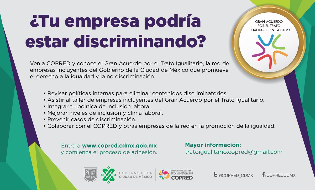 COPRED_CDMX's tweet photo. #SabíasQue Las políticas de inclusión laboral previenen la discriminación en el trabajo. Acércate al COPRED y forma parte del Gran Acuerdo por el #TratoIgualitario https://t.co/bhyaCs3fWc https://t.co/tTHSJczAHy