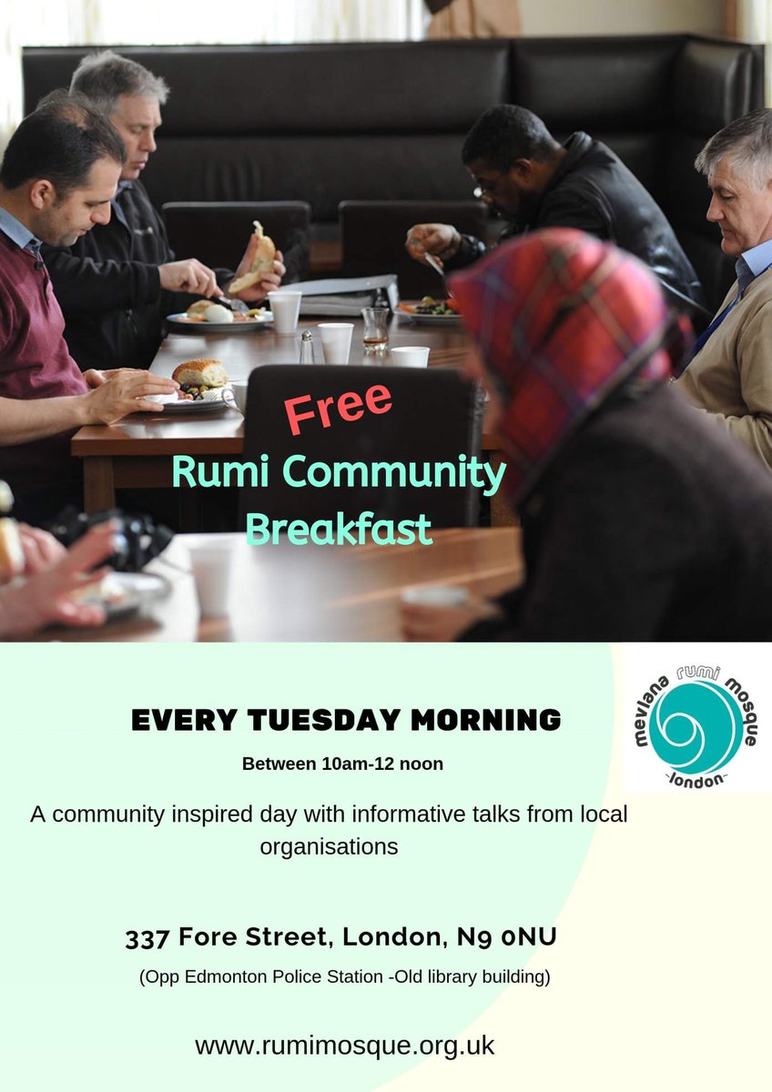 RumiMosque's tweet photo. Join us for our weekly FREE breakfast every Tuesday morning from 10am to 12 noon. Community inspired day with Informative talks from local organisations.
#loveenfield #rumicommunitybreakfast #Enfield #Enjoyenfield #communityinspired https://t.co/Jj6lgo8Yqc