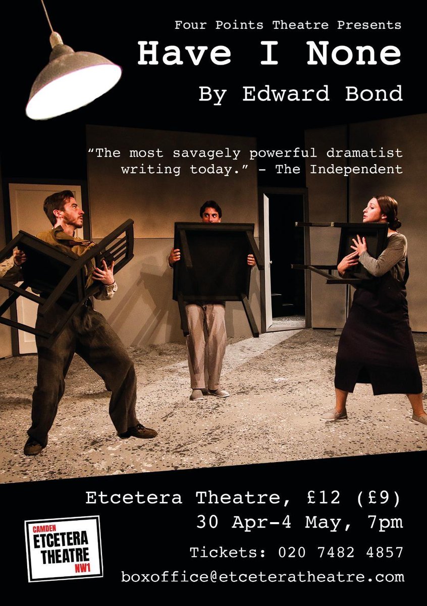 TerriPaddock's tweet photo. 'Brexit is our suicide note': That's an arresting email to receive from playwright #EdwardBond. Released as @4pointstheatre mounts a 20th anny revival of his prophetic #HaveINone, a comedy set in 2077 when the UK is gripped by panic.

Running at @EtceteraTheatre 30 Apr-4 May. https://t.co/AXQwU78vG0