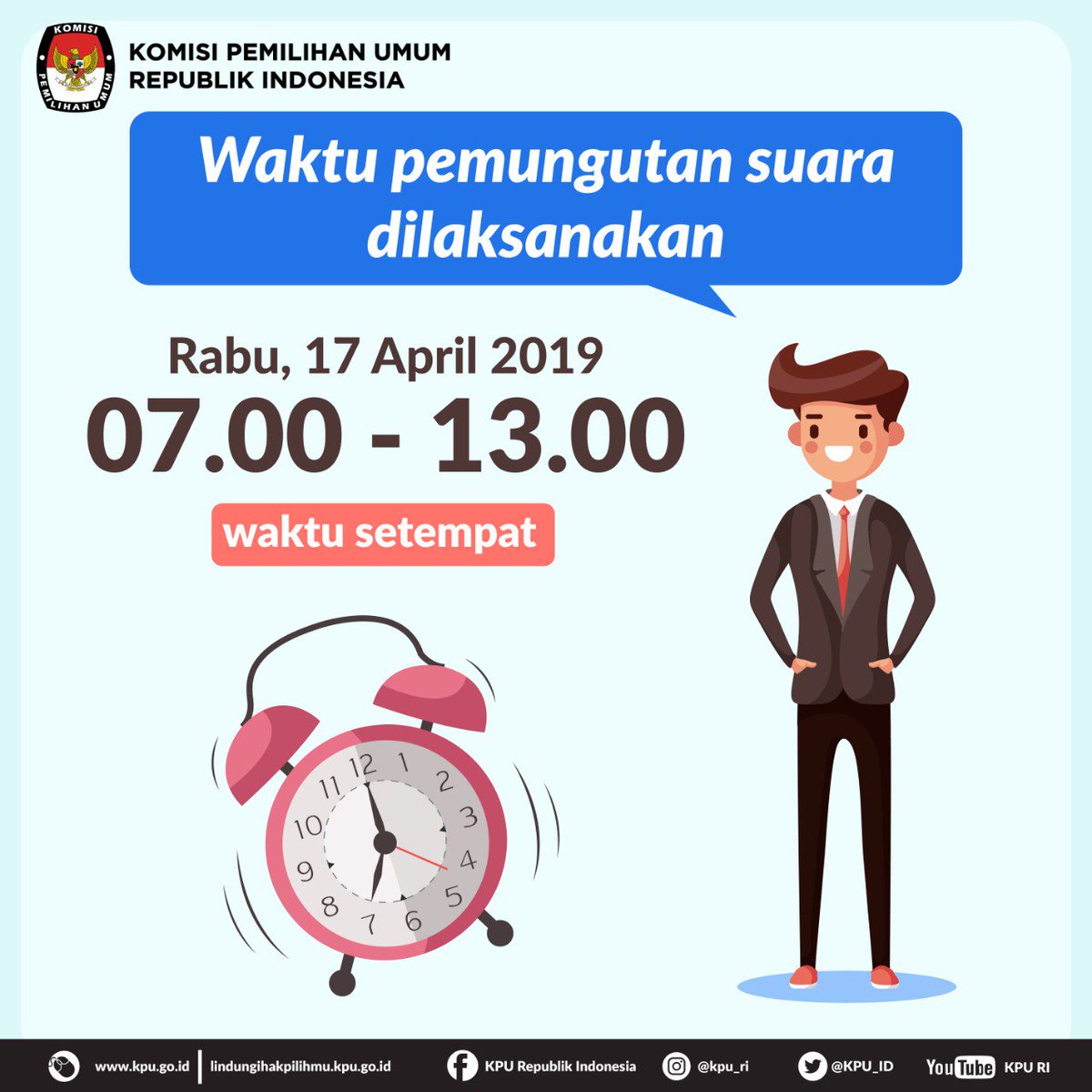 Harus diingat juga yah,waktu pemungutan suara dilaksanakan. Ingat dimulai pada pukul 07:00 sampai 13:00. Jangan sampai telat yah. #KPUmelayani #SukseskanPemilu2019