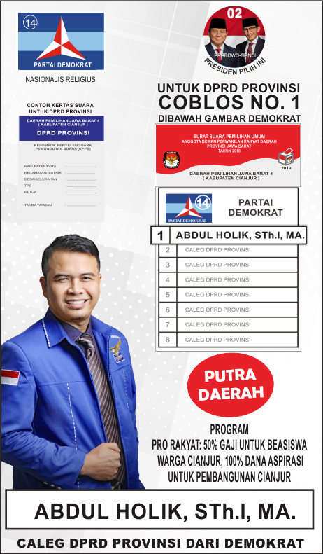 Jangan lupa 17 April besok coblos Abdul Holik No. Urut 1 dari Partai Demokrat untuk Caleg Provinsi ya