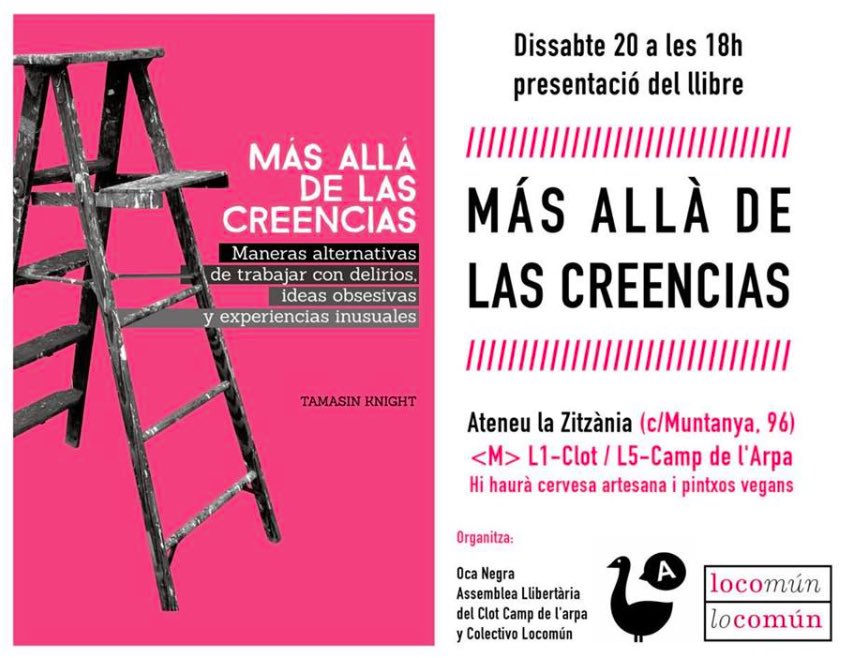 Lo_co_mun's tweet photo. El sábado 20 de abril (18h) en @AteneuZitzania de BCN charlaremos sobre Salud Mental con perspectiva crítica mientras presentamos “MÁS ALLÁ DE LAS CREENCIAS, maneras alternativas de trabajar con delirios, ideas obsesivas y experiencias inusuales” https://t.co/jJWJPb0v9r ¿Venís? https://t.co/F8anxVKPQw