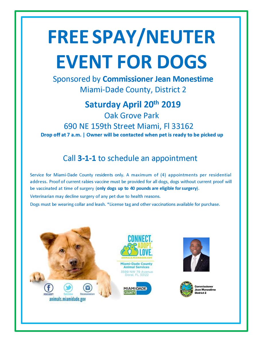 FREE spay/neuter of dogs under 40 lbs (and free rabies vaccination) owned by Miami-Dade residents. #SpayAndNeuter #DOGS #Miami
North Miami - Saturday, April 20
Wynwood - Wednesday, April 24
Please share!