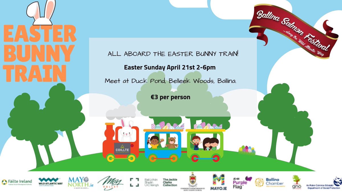 The <a href="/ballinafestival/">Ballina Salmon Festival</a> crew are hosting the annual Easter Bunny Train event in Belleek Woods again this Sunday. We love this event, it’s a gorgeous way of seeing our famous woods! 🌳🐿🦆 #BallinaSalmonFestival takes place from 7th - 13th July this year.