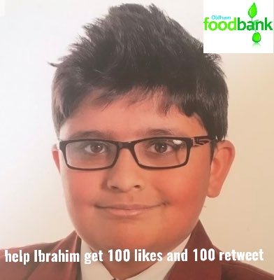 Help Ibrahim <a href="/sugs75/">Ibrahim Yousaf</a> he needs 100 retweets &amp; 100 likes on this tweet to donate £100 to <a href="/OldhamFoodbank/">Oldham Foodbank 🦉</a> . We urgently need tinned fruit
 ,tinned rice pudding,size 5&amp;6 nappies &amp; shampoo