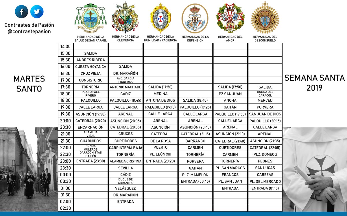 ContrastePasion's tweet photo. ¡Hoy es Martes Santo! Estos son los horarios/sincronizados de la cofradías que realizarán hoy su salida procesional en Jerez de la Frontera. https://t.co/7QrFZ5kXSj