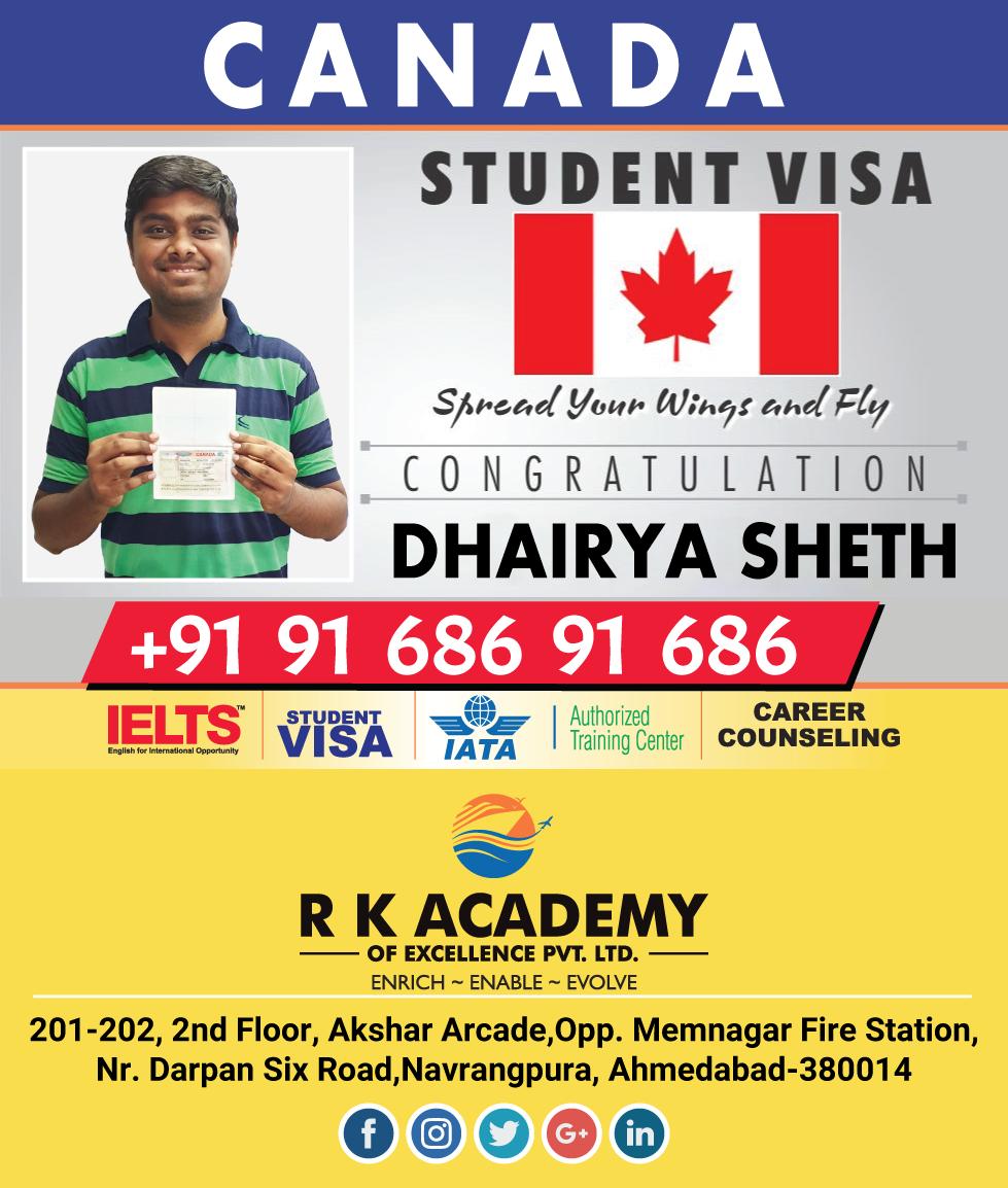rkacademy_net's tweet photo. R K Academy congratulates Mr. Dhairya Sheth!
Mr. Dhairya Sheth who just received his #Canada student #VISA approval.
Visit here: https://t.co/qrYwzO3j4W
Get in touch with our team :-
Phone: +91 78 78 34 34 34 Email: inquiry@rkacademy.net
#studyabroad #CanadaVisa #FlyForeign https://t.co/8cqRyrE5Tk