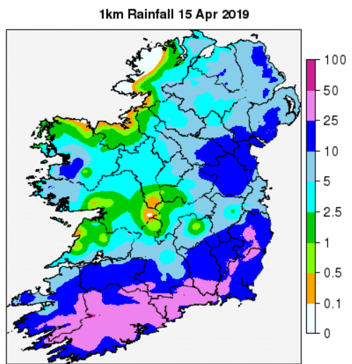 MetEireann's tweet photo. Yesterday was the wettest April day on record at some of our stations.
Cork Airport - 54.6 mm , previous record - 45.9 mm on 17/04/1978
Roches Point - 49.8 mm, previous record - 38.5 mm on 30/04/1965
Johnstown Castle - 37.1 mm, previous record - 36.8 mm on 01/04/1944 https://t.co/WBlwnVHXLp